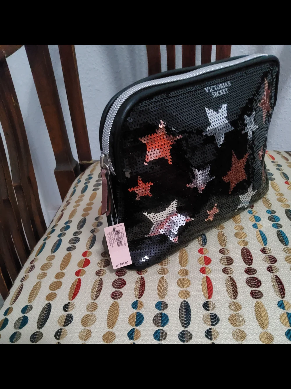 Victoria's Secret Black Sequin Star Makeup Pouch with Rose Gold & Silver Stars